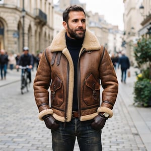 May include: A brown leather bomber jacket with a thick beige shearling collar and lining, featuring two front flap pockets with buckle closures, dark brown leather trim, a front zipper, and matching brown leather gloves worn over dark blue jeans.