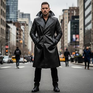 Può includere: Un trench nero con un motivo testurizzato in pelle di coccodrillo, caratterizzato da un ampio colletto, maniche lunghe e chiusura a un bottone. Il cappotto è indossato sopra una camicia nera e pantaloni neri, abbinato a scarpe eleganti in pelle nera.