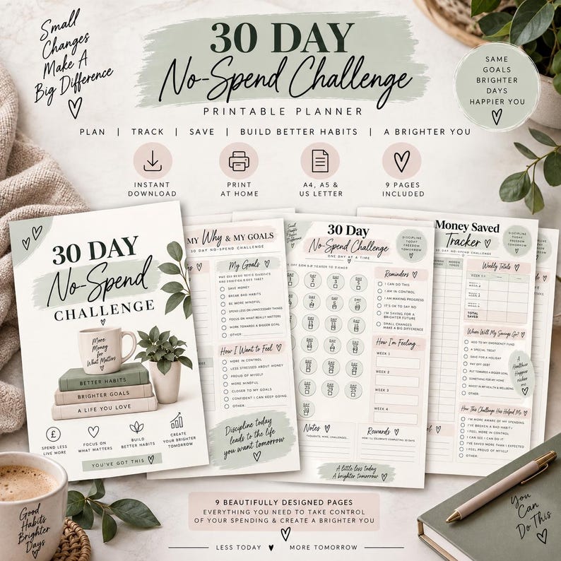 Puede incluir: Un conjunto de planificador imprimible para un desaf&iacute;o de 30 d&iacute;as sin gastos, que incluye varias p&aacute;ginas con portada, seguimiento de objetivos y ahorro. Las p&aacute;ginas contienen texto, casillas de verificaci&oacute;n e ilustraciones de una taza y una planta en tonos verde salvia, beige y negro.