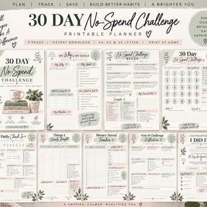 Puede incluir: Un conjunto de planificador imprimible para un reto de 30 d&iacute;as sin gastos, con nueve p&aacute;ginas en tonos verde salvia y rosa suave. Incluye rastreadores de objetivos, reglas, registros diarios, seguimiento de ahorros y reflexiones en ingl&eacute;s.