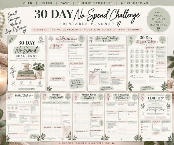 30-Day No-Spend Challenge Printable | Budget Tracker, Savings Goal (Digital Download)