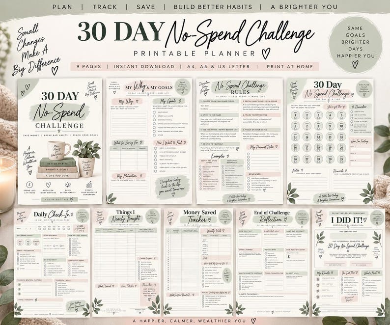Puede incluir: Un conjunto de planificador imprimible para un reto de 30 d&iacute;as sin gastos, con nueve p&aacute;ginas en tonos verde salvia y rosa suave. Incluye rastreadores de objetivos, reglas, registros diarios, seguimiento de ahorros y reflexiones en ingl&eacute;s.