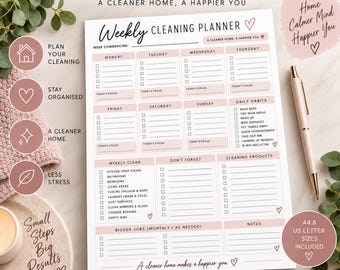 Planificador de limpieza semanal imprimible / Horario organizado para el hogar (tamaño A4 y carta estadounidense)