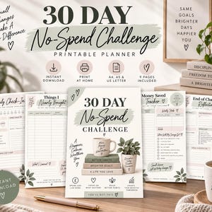 Puede incluir: Un conjunto de planificador imprimible para un reto de 30 d&iacute;as sin gastos, que incluye varias p&aacute;ginas como un registro diario, un rastreador de ahorros y una hoja de reflexi&oacute;n. Dise&ntilde;o en tonos suaves con acentos verde salvia.