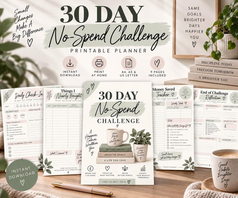Puede incluir: Un conjunto de planificador imprimible para un reto de 30 d&iacute;as sin gastos, que incluye varias p&aacute;ginas como un registro diario, un rastreador de ahorros y una hoja de reflexi&oacute;n. Dise&ntilde;o en tonos suaves con acentos verde salvia.