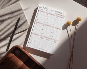 Planificador familiar semanal imprimible / Horario organizado, lista de comidas y tareas pendientes (A4/Carta estadounidense)