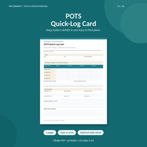 Puede incluir: Una tarjeta de registro rápido POTS en color blanco con detalles en verde azulado y beige. El documento incluye secciones para fecha, hora, lecturas ortostáticas, ingesta de líquidos, sodio, electrolitos y espacio para notas diarias.