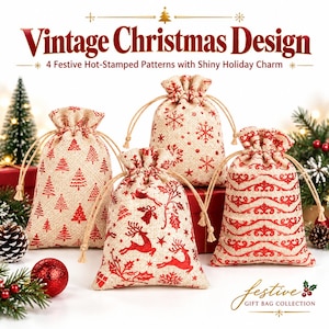 May include: Four beige hessian drawstring gift bags featuring red hot-stamped holiday patterns including Christmas trees, snowflakes, reindeer, and ornate scrollwork. The text reads Vintage Christmas Design and Festive Gift Bag Collection.