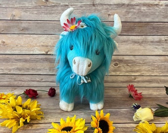 Turquoise, Aqua Highland Cow Stuffed Animal, Softie