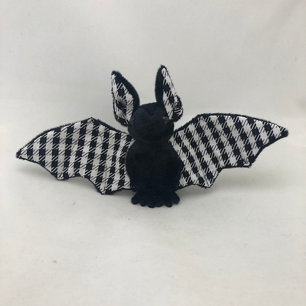 Black Houndstooth Bat Plush, Stuffed Animal, Softie