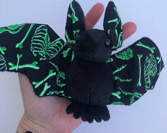 Glow-in-the-dark Tossed Bones Bat Black Plush, Stuffed Animal, Softie