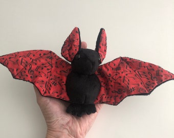 Black Red Music Note Bat Plush, Stuffed Animal, Softie