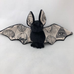 以下が含まれることがあります： 白い布製の体に黒いぬいぐるみ製の蝙蝠。布には脳、頭蓋骨、目、その他の体の部分の解剖学的イラストが印刷されています。