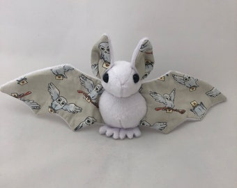 White Snowy Owl Wizard Bat Plush, Stuffed Animal, Softie