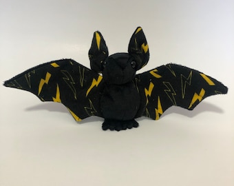 Black Lightning Bolt Bat Plush, Stuffed Animal, Softie