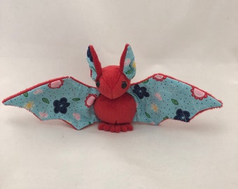 Red Flowers Bat Plush, Stuffed Animal, Softie