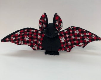 Red, Black Check Paw Print Black Bat Plush, Stuffed Animal, Softie