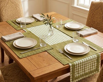 Olive Gingham Table Runner Set, Lace Trim Placemats, Farmhouse Dining Decor