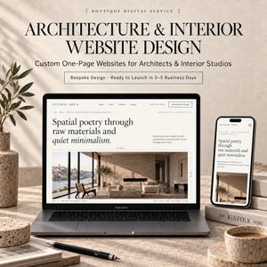 Puede incluir: Un ordenador portátil y un smartphone muestran un sitio web titulado Studio Arca con el texto Spatial poetry through raw materials and quiet minimalism. La pantalla muestra un proyecto de diseño interior. El texto superior dice Architecture & Interior Website Design.