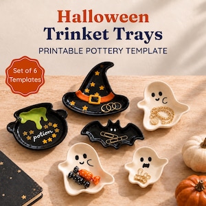 Halloween Pottery Template Printable Ghost, Witch, Bat, Cauldron Ceramic Trinket Dish Halloween Gift Instant Download DIY