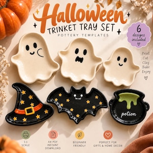 Könnte beinhalten: Ein Set aus sechs Halloween-Töpfervorlagen für Ablageschalen, bestehend aus drei cremefarbenen Geisterformen, einem schwarzen Hexenhut mit gelben Sternen, einer schwarzen Fledermaus mit gelben Sternen und einem schwarzen Kessel mit grünem Zaubertrank.