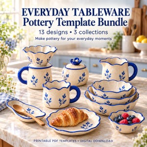 May include: Everyday Tableware Pottery Template Bundle with 13 designs and 3 collections. The image displays cream-colored ceramic pieces with blue floral patterns and scalloped edges, including mugs, bowls, a sugar bowl, and a small plate.