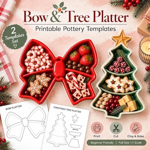 Christmas Pottery Template Bow platter set Christmas gift DIY printable pottery pdf download Christmas platter