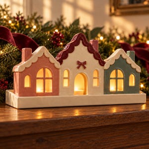 May include: A ceramic tea light candle holder shaped like a row of three houses. The left house is pink, the center is cream with a red roof and bow, and the right is green. Each house features arched windows and doors with warm interior lighting.