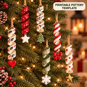 May include: Six spiral-shaped hanging ornaments with a printable pottery template label. Designs include red and white stripes, holly leaves, red hearts, a green tree, a red bow, and a white snowflake, all suspended by twine strings.