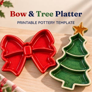 Christmas Pottery Template Bow & Tree platter set Christmas gift DIY printable pottery pdf download Christmas platter
