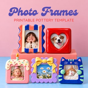 May include: Five ceramic photo frames with various designs including a blue and orange striped frame, a red heart-shaped frame, a cake-shaped frame with a candle, a purple frame with a yellow bow, and a blue cat-shaped frame with text above.