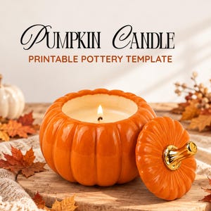 May include: A bright orange ceramic pumpkin-shaped candle with a lit wick, accompanied by a matching lid featuring a metallic gold stem. The text PUMPKIN CANDLE PRINTABLE POTTERY TEMPLATE is displayed in black and orange above the object.