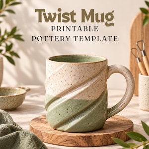 May include: A ceramic mug with a speckled cream and sage green finish featuring a diagonal twisted texture. The text Twist Mug Printable Pottery Template is displayed above the mug. The mug has a curved handle and a smooth interior surface.