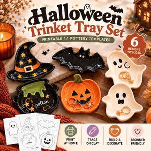 Puede incluir: Un set de bandejas para baratijas de Halloween con seis platos de cerámica en forma de sombrero de bruja, murciélago, calabaza, caldero y dos fantasmas. Incluye plantillas de alfarería imprimibles con el texto Halloween Trinket Tray Set.