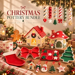 May include: A Christmas pottery bundle featuring ceramic holiday decor including a gingerbread man, a house lantern, a mushroom cottage, a stocking dish, a bow dish, a tic-tac-toe board, a tree dish, and various hanging ornaments with festive motifs.