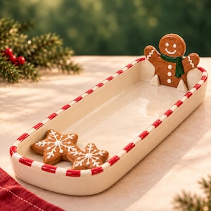 May include: A rectangular ceramic serving tray with a cream-colored interior and a red and white striped rim. A brown gingerbread man figure with a green scarf is attached to one end. Two star-shaped cookies with white icing are inside.