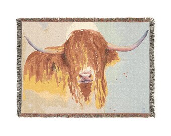 Highland Cow Original artwork Woven Blanket