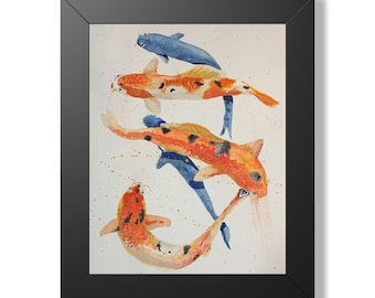 Colorful Koi Fish PRINT ORIGINAL WATERCOLOR Framed Vertical Poster