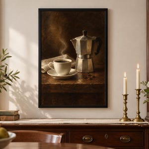 May include: A framed wall art print depicting a still life scene with a silver moka pot, a white ceramic coffee cup on a matching saucer, and wisps of steam rising against a dark, textured background, all set on a wooden surface.