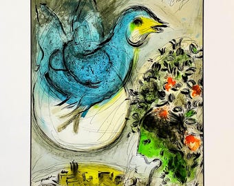 Marc Chagall - El pájaro azul - Litografía de 11 x 14 pulgadas - 1968 Editions du Chène