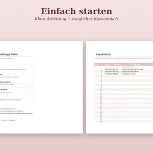 Op de afbeelding: Een digitaal boekhoudpakket voor schoonheidssalons met twee witte pagina's met zwarte tekst. De linkerpagina bevat instructies getiteld Kosmetikstudio Buchhaltungs-Paket, terwijl de rechterpagina een Kassenbuch kasboek-tabel toont.
