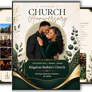 Peut inclure: Un dépliant pour un anniversaire d'église avec une photo circulaire centrale d'un couple, orné d'accents botaniques vert foncé et dorés. Le texte indique SEPTEMBER CHURCH ANNIVERSARY, 15TH AUGUST 2025, 10:00AM – 12:00AM, Kingdom Builders Church, 302 Hope Boulevard, Charlotte, NC 28208.