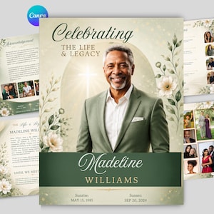 Peut inclure: Un modèle de programme funéraire avec le portrait d'une personne souriante en blazer vert. Le texte indique Celebrating The Life & Legacy, Madeline Williams, Sunrise May 15 1985, et Sunset Sep 20 2024, orné d'illustrations florales.
