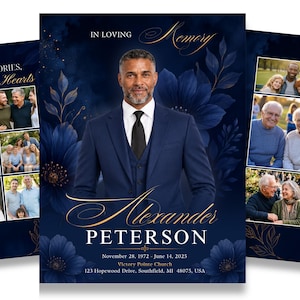 Puede incluir: Una plantilla de programa funerario con un retrato central de un hombre con traje azul marino y corbata negra, rodeado de ilustraciones florales azul oscuro. El texto dice IN LOVING MEMORY, Alexander PETERSON, 28 de noviembre de 1972 - 14 de junio de 2025.