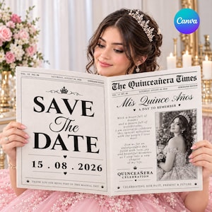 May include: A printed newspaper-style announcement titled The Quinceañera Times with the text SAVE THE DATE 15.08.2026. The page features a photograph of a person in a formal gown and tiara, decorative crown icons, and text about a celebration.