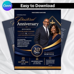 Puede incluir: Una plantilla de folleto azul oscuro y dorado para una celebración de 20 aniversario pastoral. Incluye una fotografía de una pareja, texto que dice Celebrating Pastoral Anniversary, Honoring Pastor James Walker & Lady Elizabeth Walker y detalles.