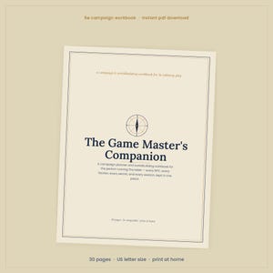 Op de afbeelding: Een beige 5e campagne-werkboek getiteld The Game Master's Companion. De omslag bevat een kompasicoon, beschrijvende tekst over worldbuilding en vermeldt dat het een document van 30 pagina's is voor tabletop-spellen, als PDF-download.