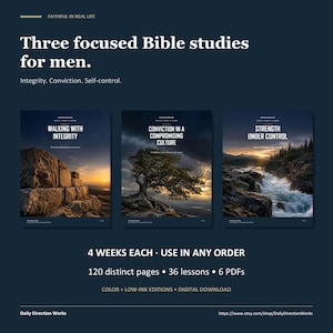 May include: Three Bible study guides titled Walking with Integrity, Conviction in a Compromising Culture, and Strength Under Control. Each guide features landscape photography, 120 pages, 36 lessons, and 6 PDFs. Includes color and low-ink editions.