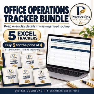Paquete de Excel para operaciones de oficina: 5 herramientas de seguimiento para suministros, gastos, tareas, proveedores y capacitación del personal.