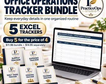 Office Operations Excel Bundle: 5 Trackers for Supplies, Expenses, Tasks, Vendors and Staff Training
